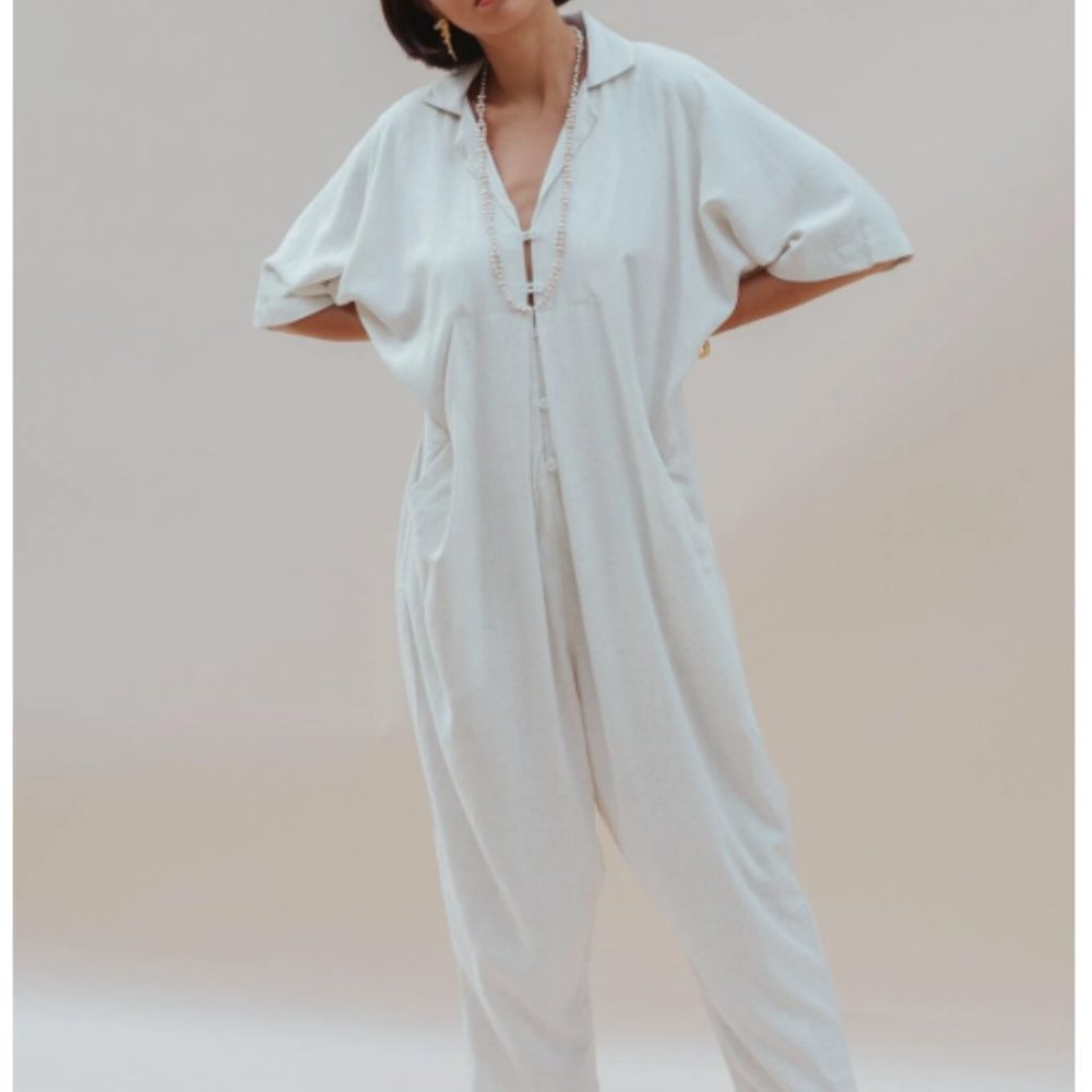Myrah Penaloza Sat Torri Playsuit (Linen Rayon Blend, Light Beige)